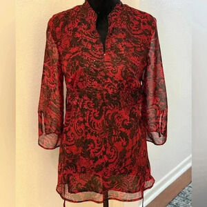 New York City Design Co. Black & Red Paisley Semi See Thru Slit Neck Midi Dress